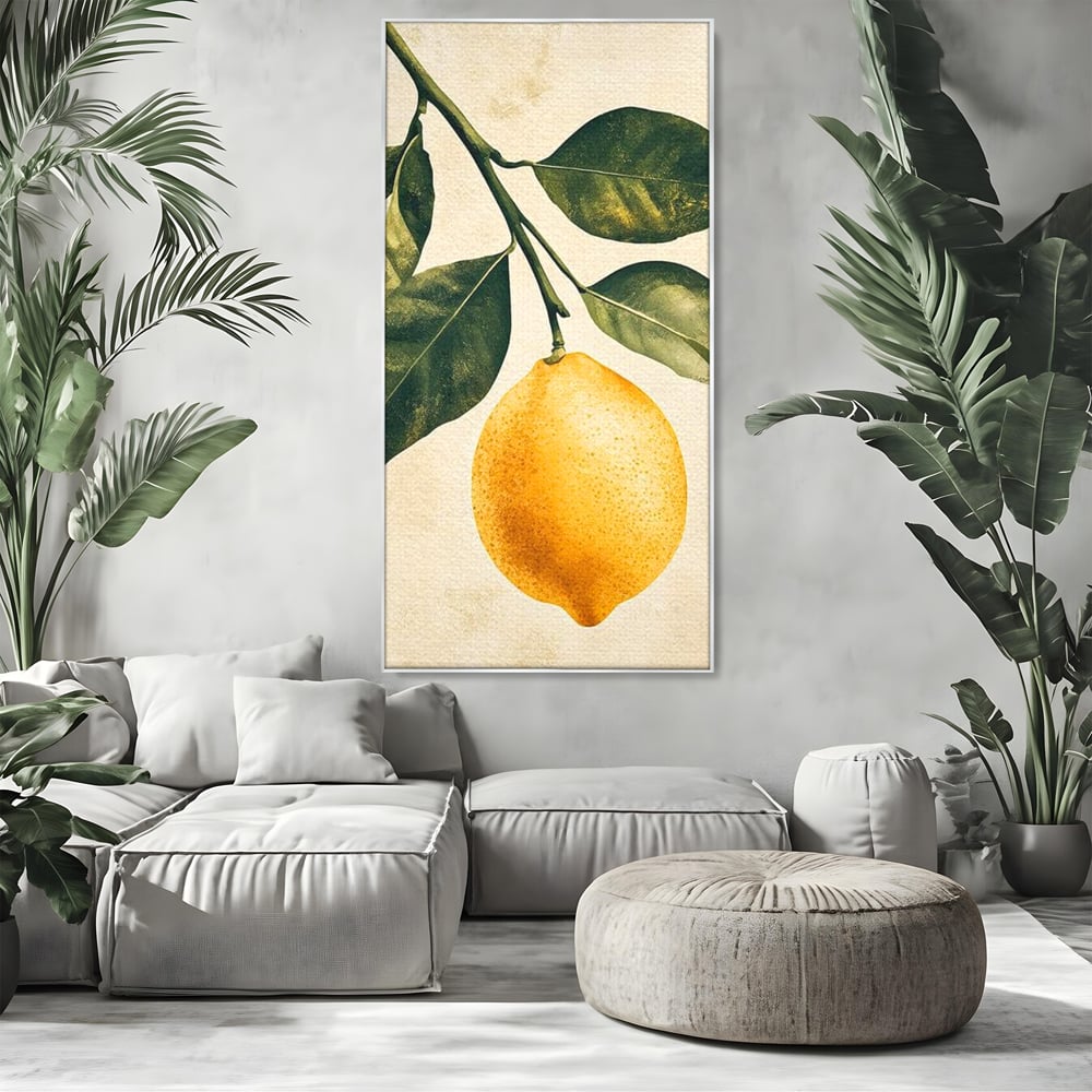 Tablou canvas cu ilustratie botanica cu lamaie si frunze, in rama de aluminiu argintiu, pe perete intr-un living